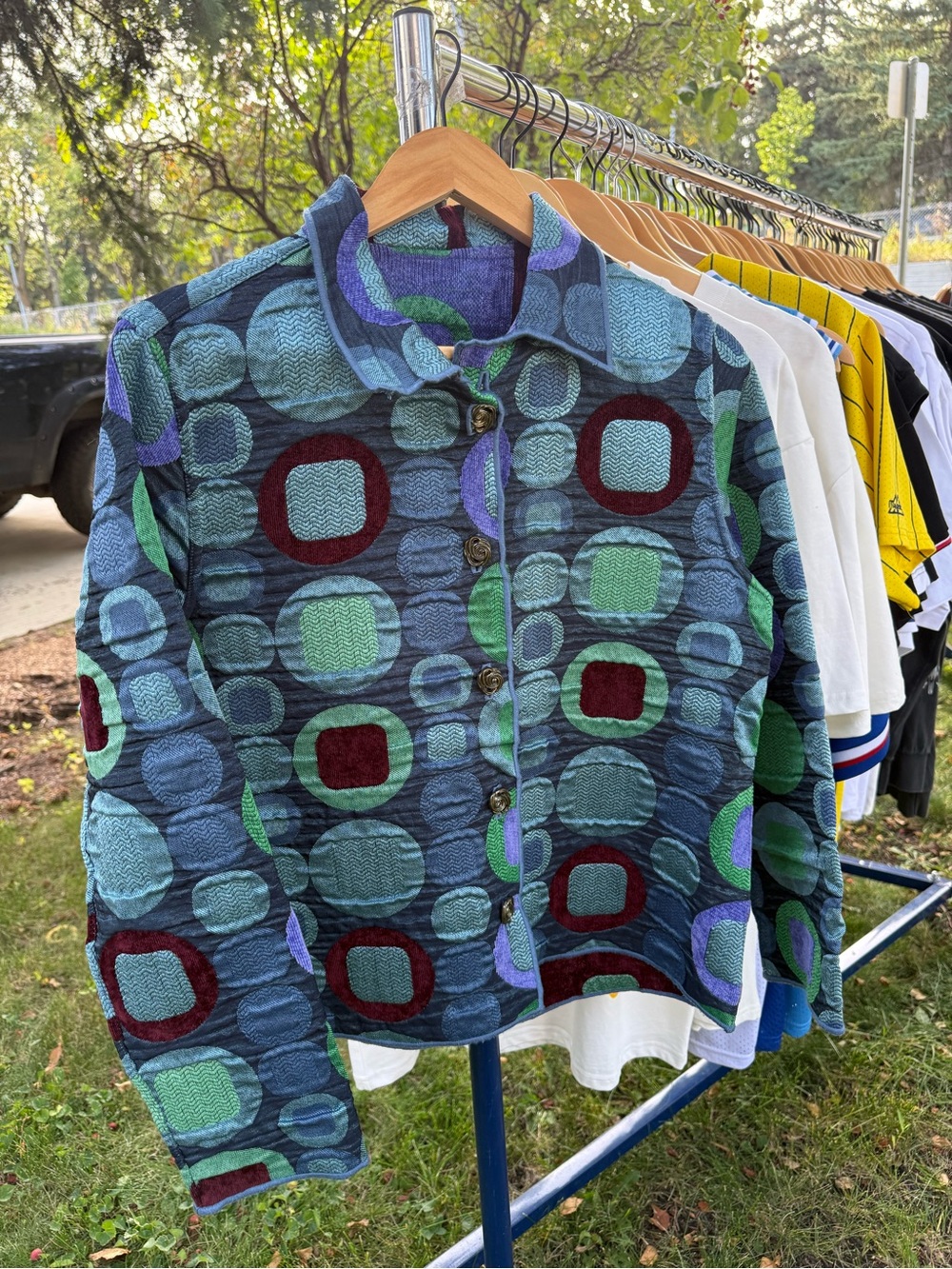 Women's Quilted Geo Print Button-Up Jacket - reversible 20x23 pit to pit
